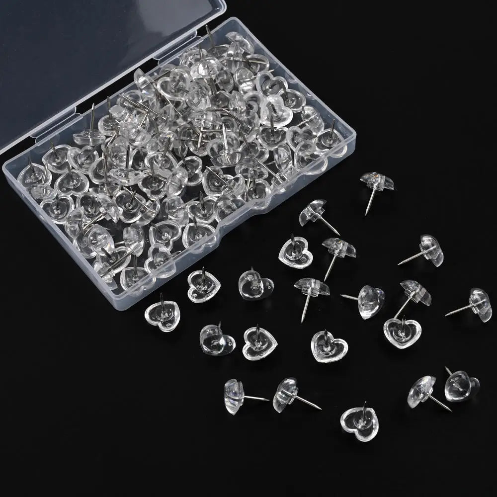 50pcs/100pcs box Heart Shape Markers Drawing Photo Wall Studs Cork Board Pins Transparent Push Pins Photo Thumb Maps Thumbtack